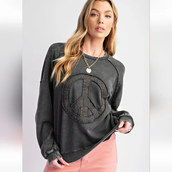 easel Tops - New Easel Black Peace Sign Symbol Washed Terry Pullover Sweatshirt